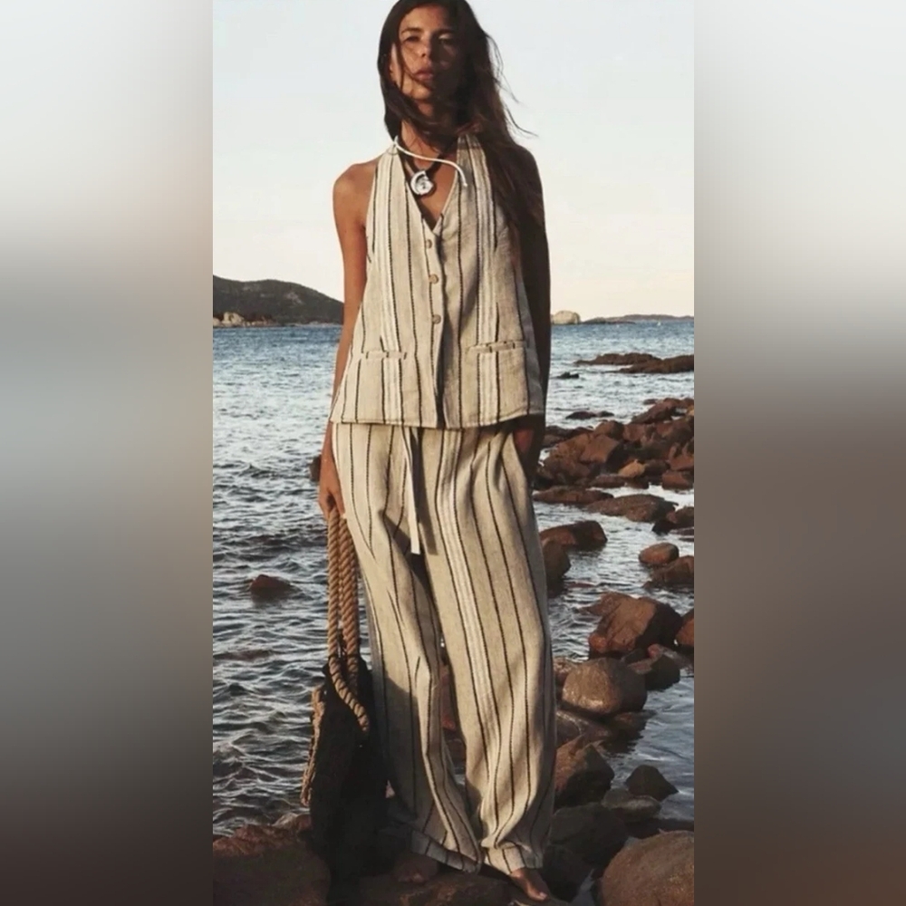Free People Striped Cream and Black Buttoned Linen Vest